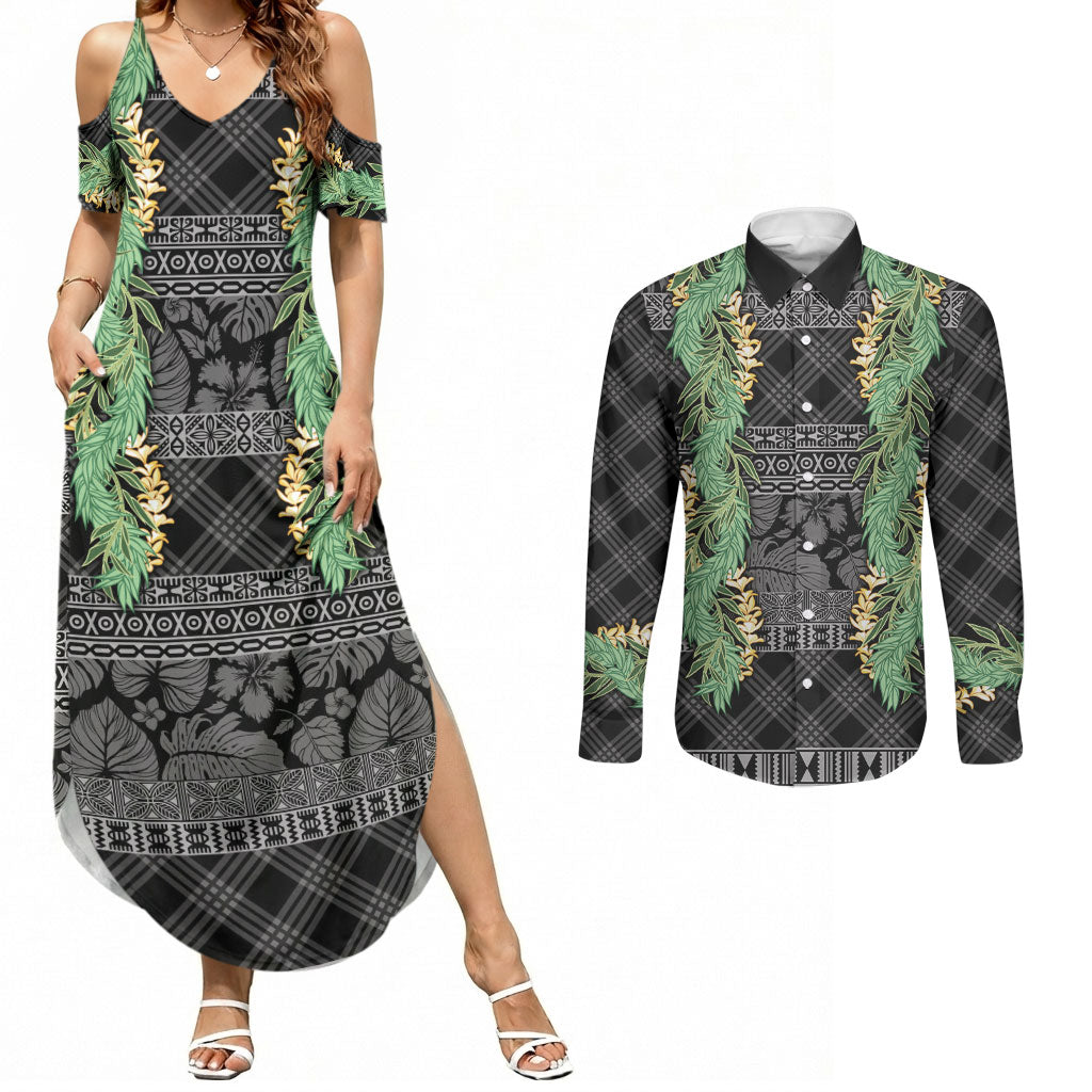 Hawai'i Paniolo Maile Twisted Lei Couples Matching Summer Maxi Dress and Long Sleeve Button Shirt Obsidian Black