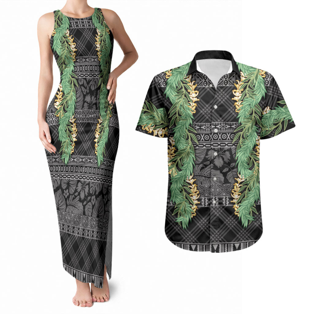 Hawai'i Paniolo Maile Twisted Lei Couples Matching Tank Maxi Dress and Hawaiian Shirt Obsidian Black
