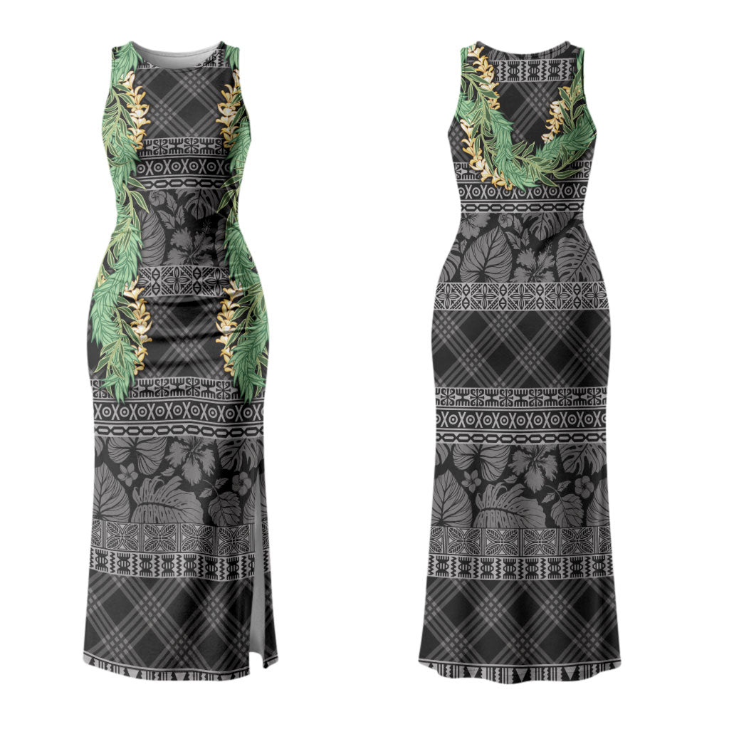 Hawai'i Paniolo Maile Twisted Lei Couples Matching Tank Maxi Dress and Hawaiian Shirt Obsidian Black