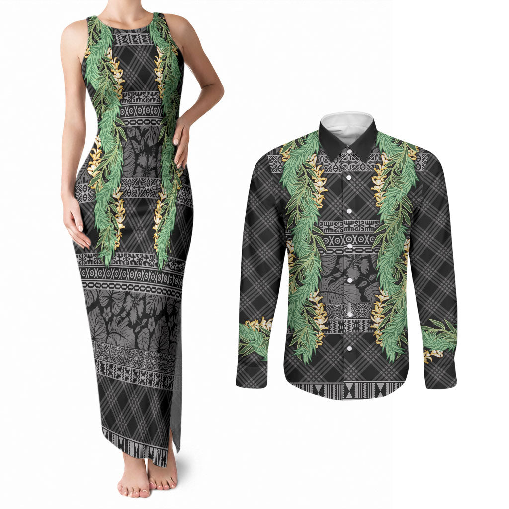 Hawai'i Paniolo Maile Twisted Lei Couples Matching Tank Maxi Dress and Long Sleeve Button Shirt Obsidian Black