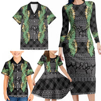 Hawai'i Paniolo Maile Twisted Lei Family Matching Long Sleeve Bodycon Dress and Hawaiian Shirt Obsidian Black