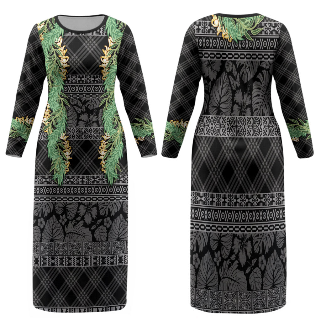 Hawai'i Paniolo Maile Twisted Lei Family Matching Long Sleeve Bodycon Dress and Hawaiian Shirt Obsidian Black