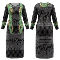 Hawai'i Paniolo Maile Twisted Lei Family Matching Long Sleeve Bodycon Dress and Hawaiian Shirt Obsidian Black