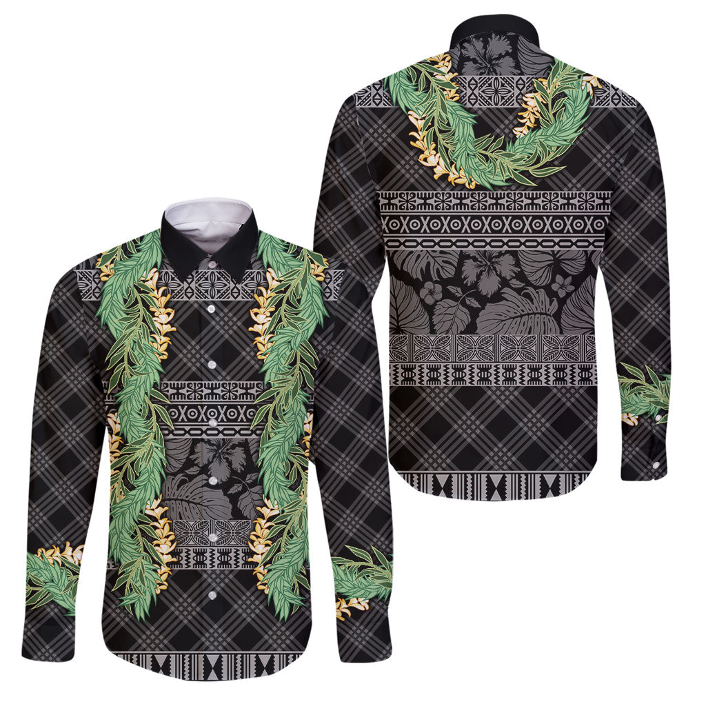 Hawai'i Paniolo Maile Twisted Lei Family Matching Long Sleeve Bodycon Dress and Hawaiian Shirt Obsidian Black