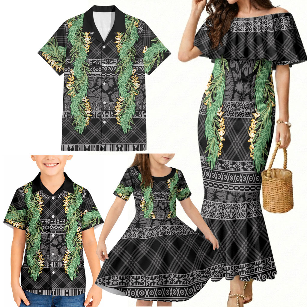 Hawai'i Paniolo Maile Twisted Lei Family Matching Mermaid Dress and Hawaiian Shirt Obsidian Black