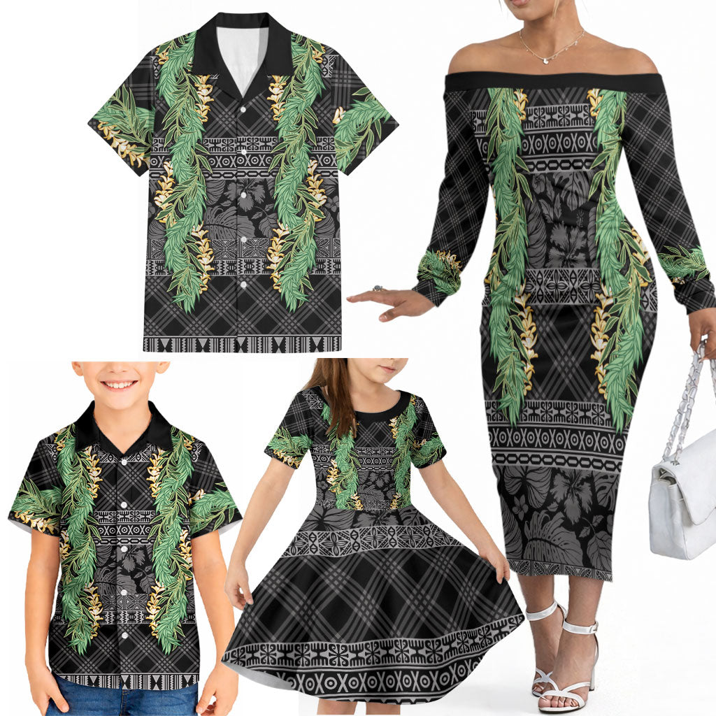 Hawai'i Paniolo Maile Twisted Lei Family Matching Off The Shoulder Long Sleeve Dress and Hawaiian Shirt Obsidian Black