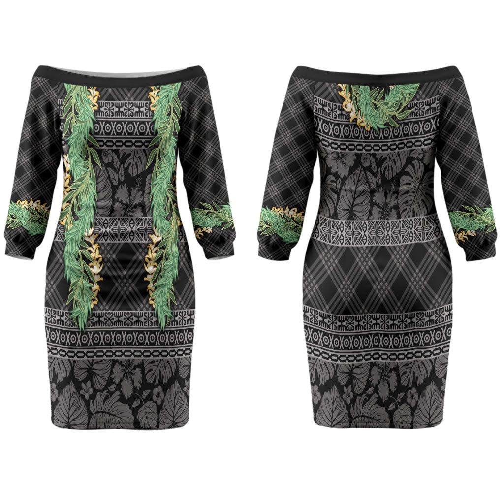 Hawai'i Paniolo Maile Twisted Lei Family Matching Off The Shoulder Long Sleeve Dress and Hawaiian Shirt Obsidian Black