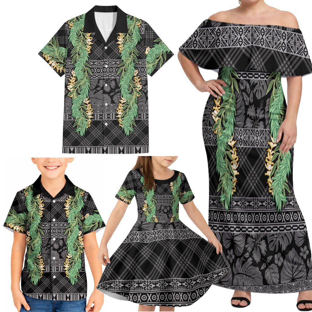Hawai'i Paniolo Maile Twisted Lei Family Matching Off Shoulder Maxi Dress and Hawaiian Shirt Obsidian Black