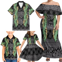 Hawai'i Paniolo Maile Twisted Lei Family Matching Off Shoulder Maxi Dress and Hawaiian Shirt Obsidian Black