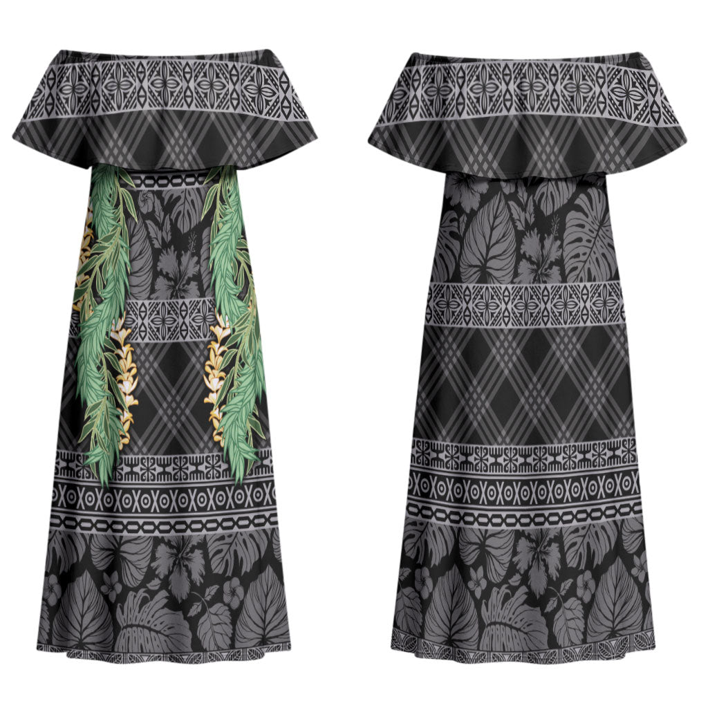 Hawai'i Paniolo Maile Twisted Lei Family Matching Off Shoulder Maxi Dress and Hawaiian Shirt Obsidian Black