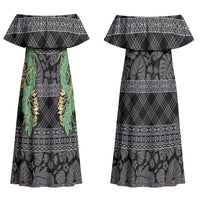 Hawai'i Paniolo Maile Twisted Lei Family Matching Off Shoulder Maxi Dress and Hawaiian Shirt Obsidian Black