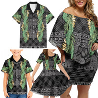 Hawai'i Paniolo Maile Twisted Lei Family Matching Off Shoulder Short Dress and Hawaiian Shirt Obsidian Black