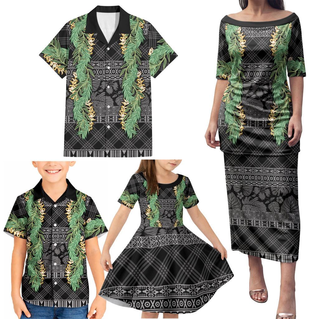 Hawai'i Paniolo Maile Twisted Lei Family Matching Puletasi and Hawaiian Shirt Obsidian Black
