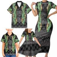 Hawai'i Paniolo Maile Twisted Lei Family Matching Short Sleeve Bodycon Dress and Hawaiian Shirt Obsidian Black