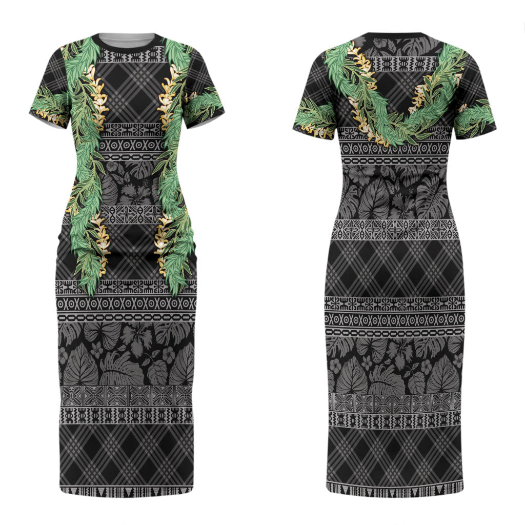 Hawai'i Paniolo Maile Twisted Lei Family Matching Short Sleeve Bodycon Dress and Hawaiian Shirt Obsidian Black