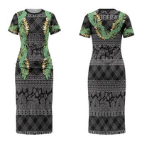 Hawai'i Paniolo Maile Twisted Lei Family Matching Short Sleeve Bodycon Dress and Hawaiian Shirt Obsidian Black