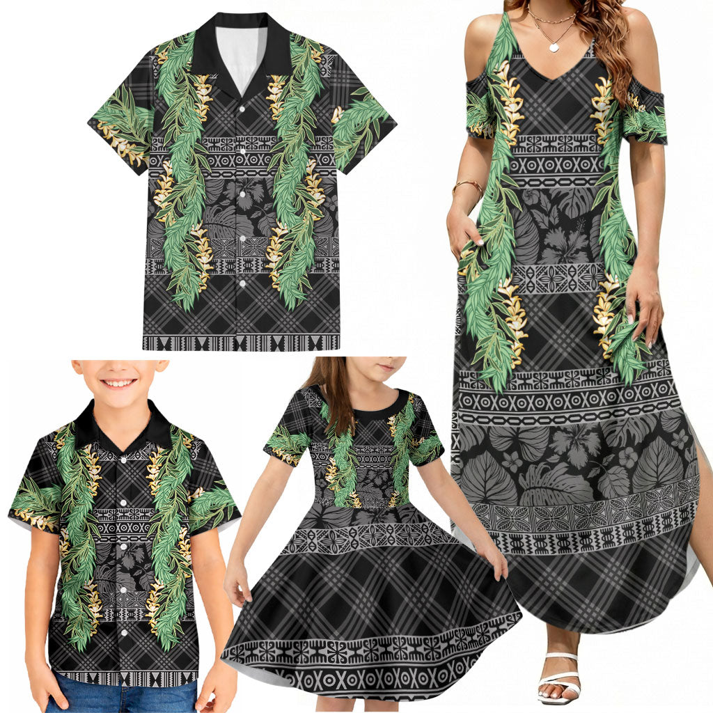 Hawai'i Paniolo Maile Twisted Lei Family Matching Summer Maxi Dress and Hawaiian Shirt Obsidian Black