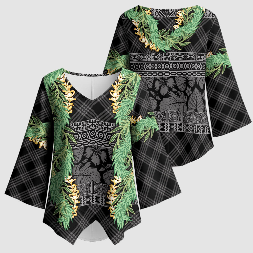 Hawai'i Paniolo Maile Twisted Lei Kimono Sleeve Blouse Obsidian Black