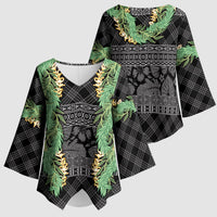 Hawai'i Paniolo Maile Twisted Lei Kimono Sleeve Blouse Obsidian Black