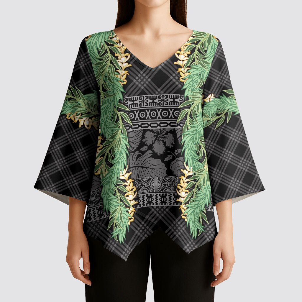 Hawai'i Paniolo Maile Twisted Lei Kimono Sleeve Blouse Obsidian Black