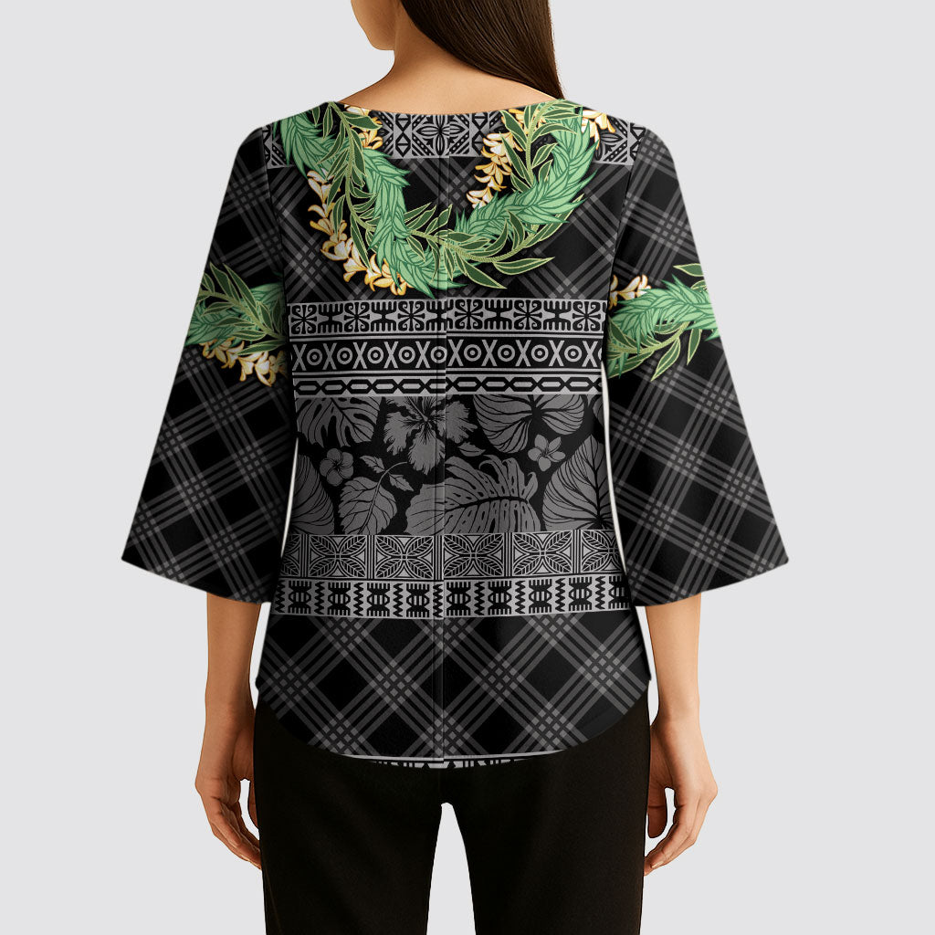 Hawai'i Paniolo Maile Twisted Lei Kimono Sleeve Blouse Obsidian Black