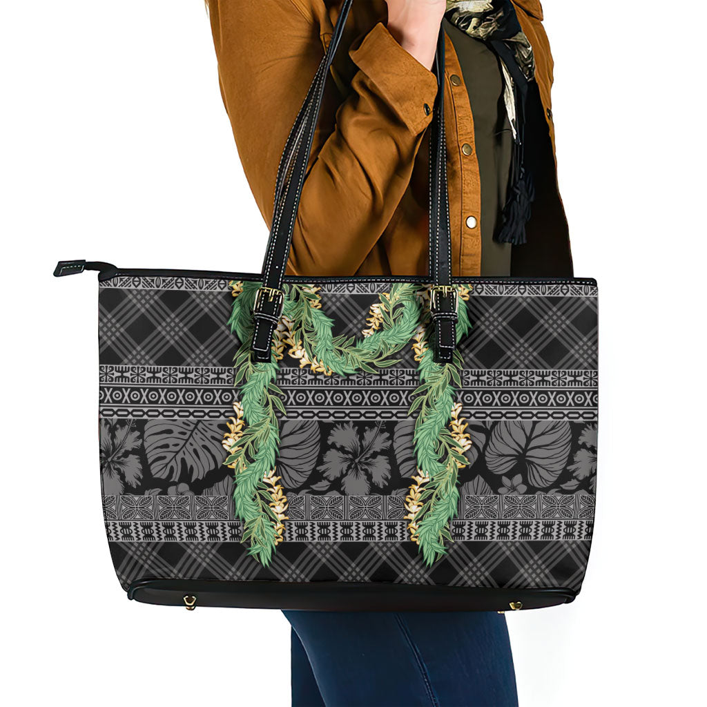 Hawai'i Paniolo Maile Twisted Lei Leather Tote Bag Obsidian Black