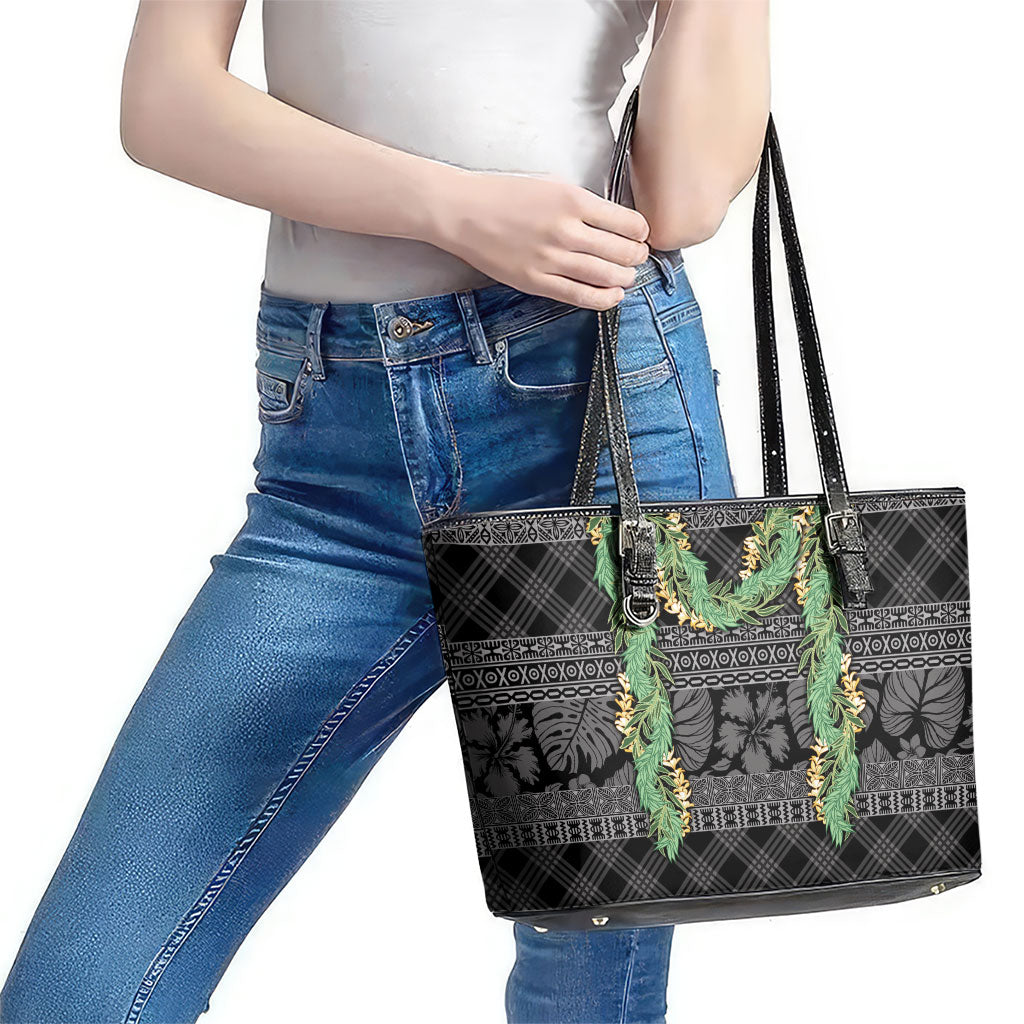 Hawai'i Paniolo Maile Twisted Lei Leather Tote Bag Obsidian Black