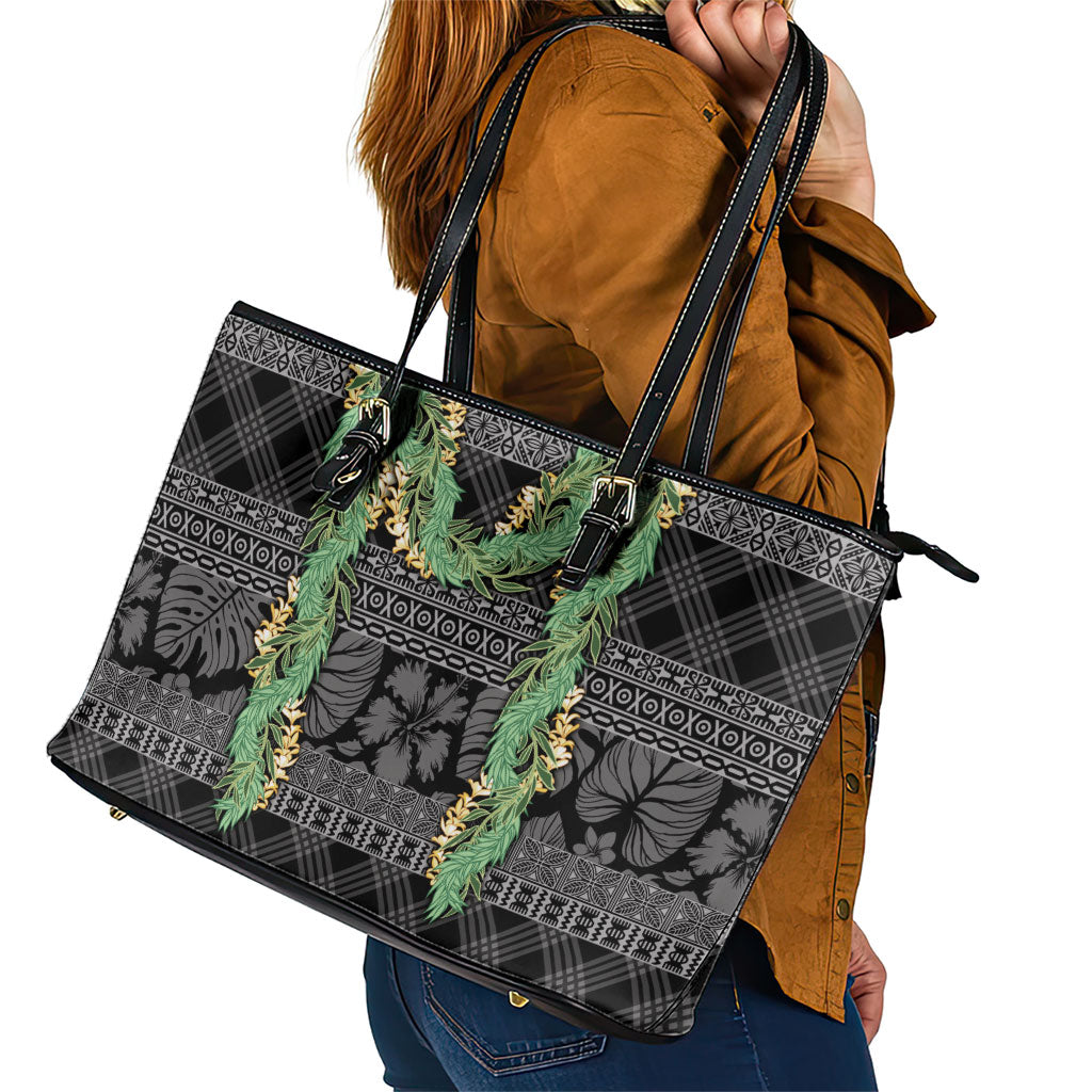 Hawai'i Paniolo Maile Twisted Lei Leather Tote Bag Obsidian Black