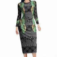 Hawai'i Paniolo Maile Twisted Lei Long Sleeve Bodycon Dress Obsidian Black