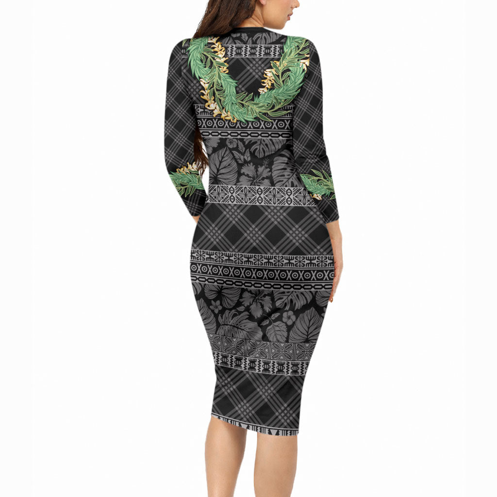 Hawai'i Paniolo Maile Twisted Lei Long Sleeve Bodycon Dress Obsidian Black