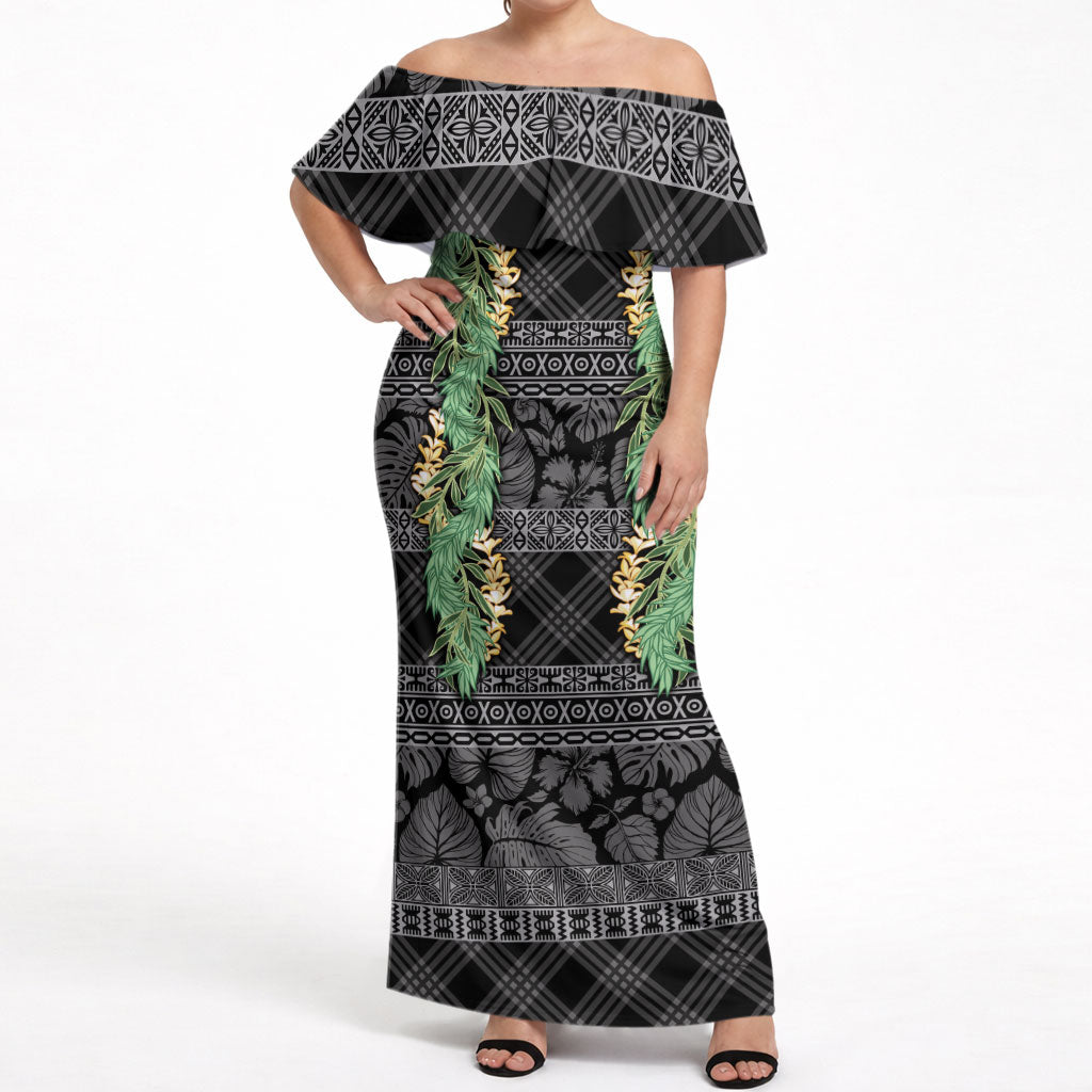 Hawai'i Paniolo Maile Twisted Lei Off Shoulder Maxi Dress Obsidian Black