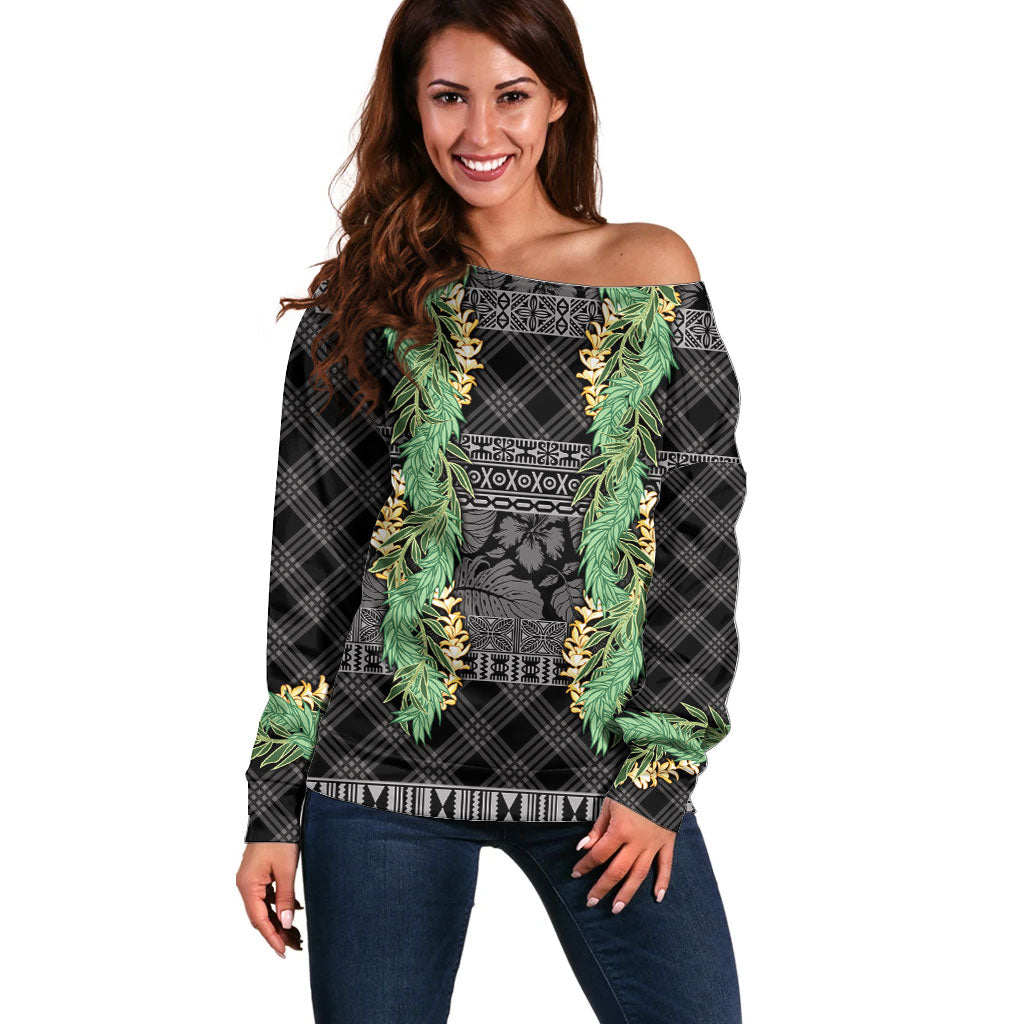 Hawai'i Paniolo Maile Twisted Lei Off Shoulder Sweater Obsidian Black