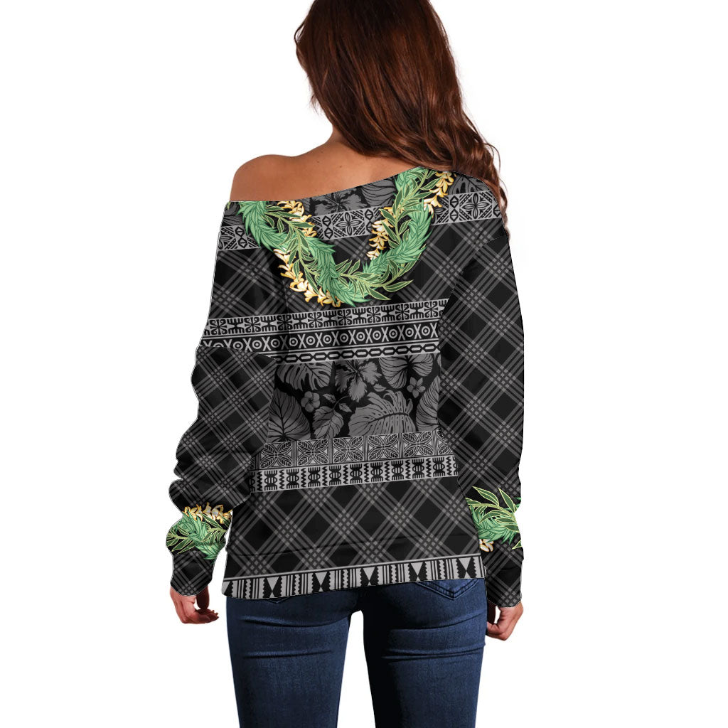 Hawai'i Paniolo Maile Twisted Lei Off Shoulder Sweater Obsidian Black