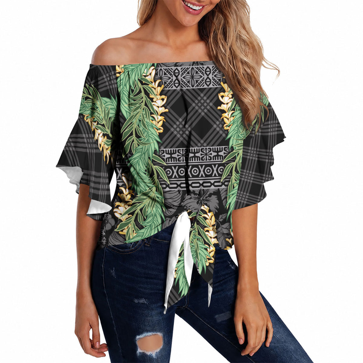 Hawai'i Paniolo Maile Twisted Lei Off Shoulder Wrap Waist Top Obsidian Black