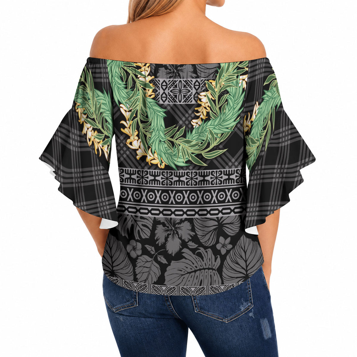 Hawai'i Paniolo Maile Twisted Lei Off Shoulder Wrap Waist Top Obsidian Black