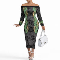 Hawai'i Paniolo Maile Twisted Lei Off The Shoulder Long Sleeve Dress Obsidian Black