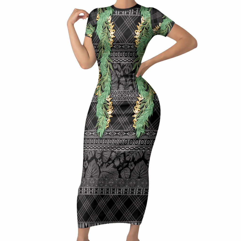 Hawai'i Paniolo Maile Twisted Lei Short Sleeve Bodycon Dress Obsidian Black