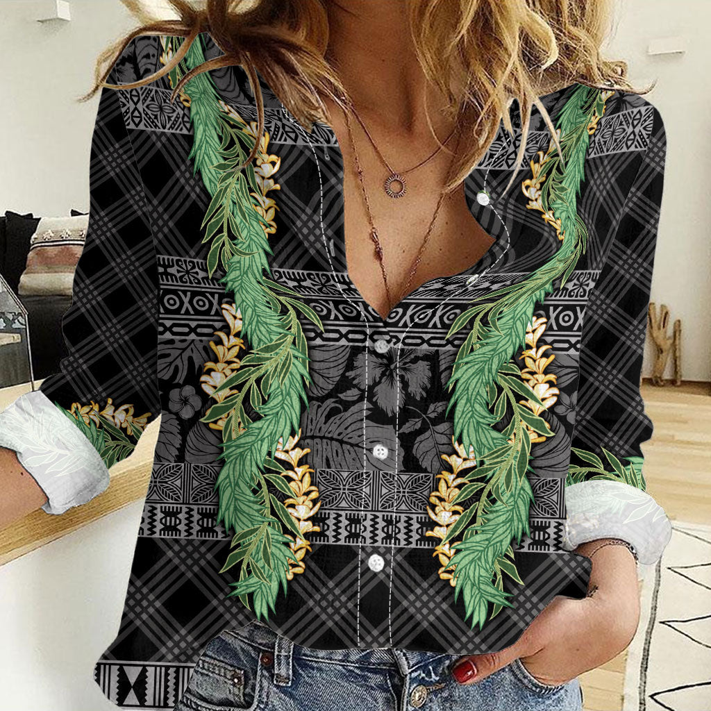 Hawai'i Paniolo Maile Twisted Lei Women Casual Shirt Obsidian Black
