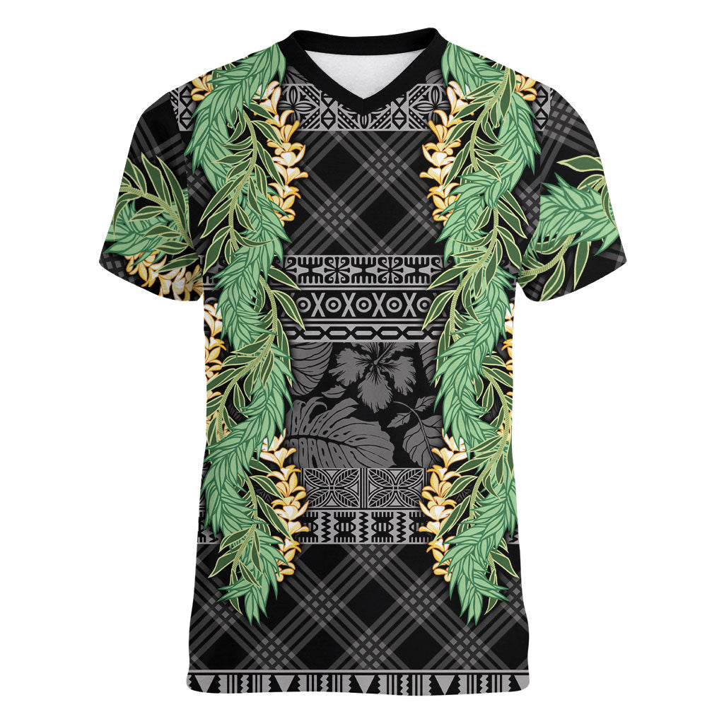 Hawai'i Paniolo Maile Twisted Lei Women V-Neck T-Shirt Obsidian Black LT7 Female Black - Polynesian Pride