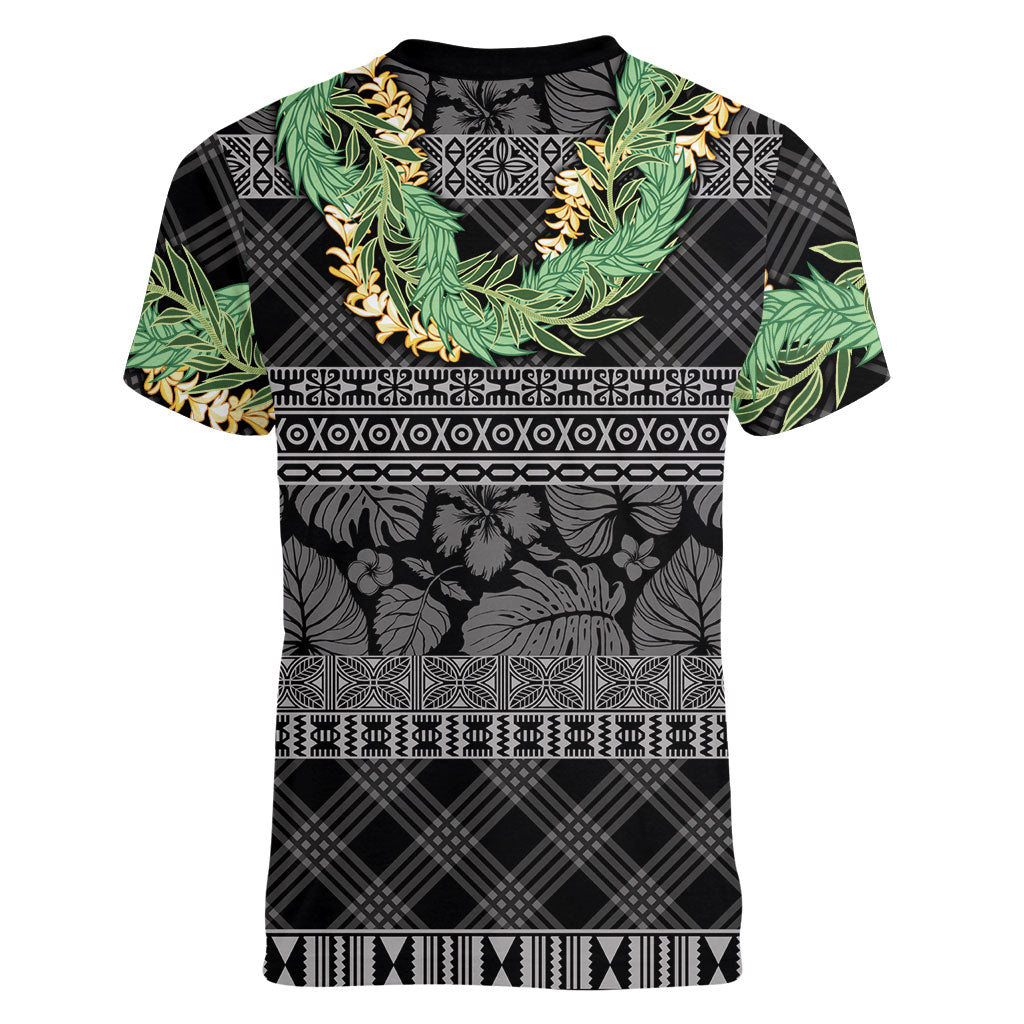 Hawai'i Paniolo Maile Twisted Lei Women V-Neck T-Shirt Obsidian Black