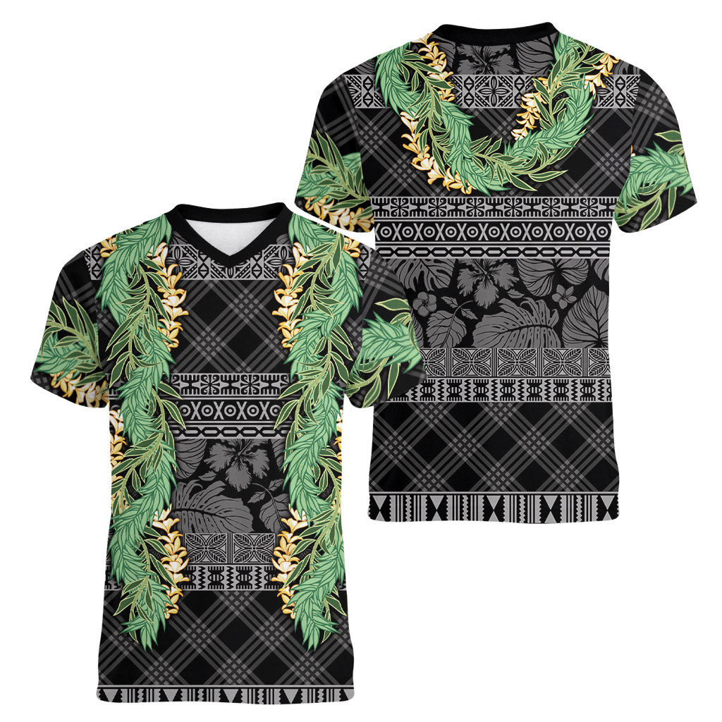 Hawai'i Paniolo Maile Twisted Lei Women V-Neck T-Shirt Obsidian Black