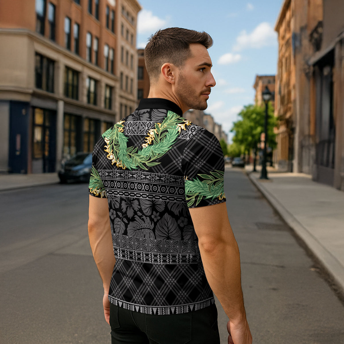 Hawai'i Paniolo Maile Twisted Lei Zipper Polo Shirt Obsidian Black