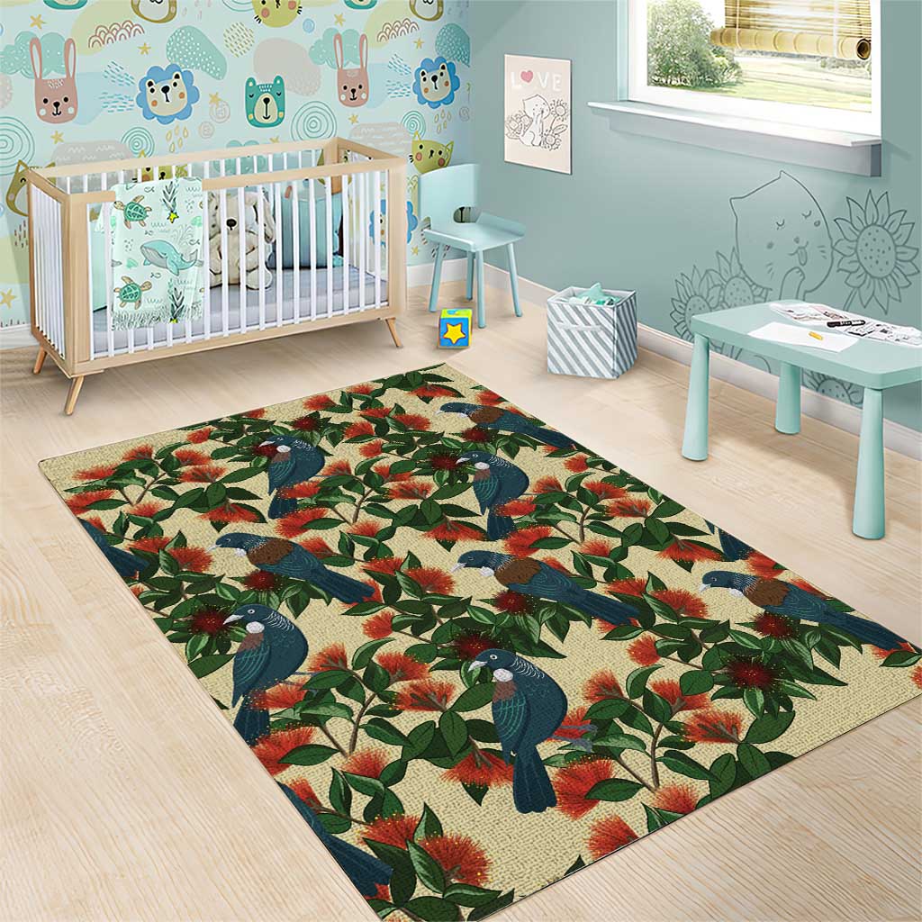 New Zealand Christmas Area Rug Romantic Tui Birds on Pohutukawa - Ivory - Polynesian Pride