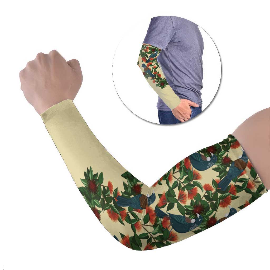 New Zealand Christmas Arm Sleeves Romantic Tui Birds on Pohutukawa - Ivory - Polynesian Pride