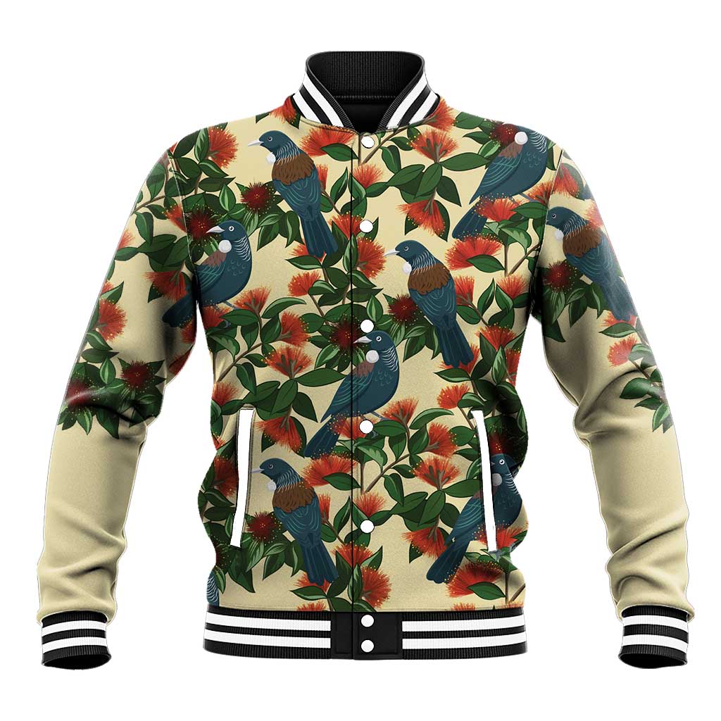 New Zealand Christmas Baseball Jacket Romantic Tui Birds on Pohutukawa - Ivory - Polynesian Pride