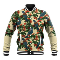 New Zealand Christmas Baseball Jacket Romantic Tui Birds on Pohutukawa - Ivory - Polynesian Pride