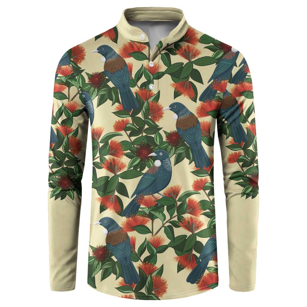 New Zealand Christmas Button Sweatshirt Romantic Tui Birds on Pohutukawa - Ivory - Polynesian Pride