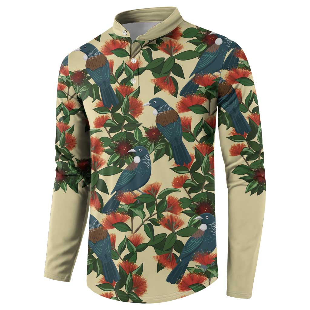 New Zealand Christmas Button Sweatshirt Romantic Tui Birds on Pohutukawa - Ivory - Polynesian Pride
