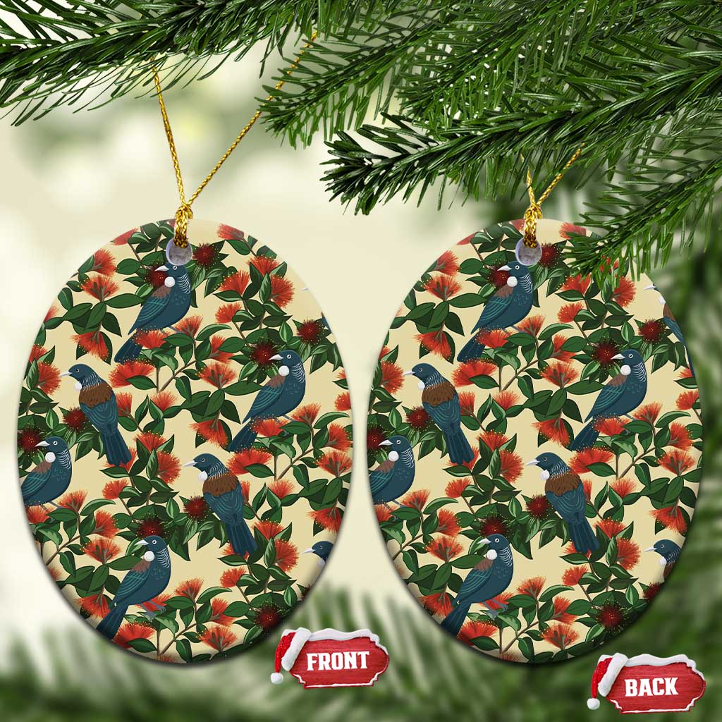 New Zealand Christmas Ceramic Ornament Romantic Tui Birds on Pohutukawa - Ivory - Polynesian Pride