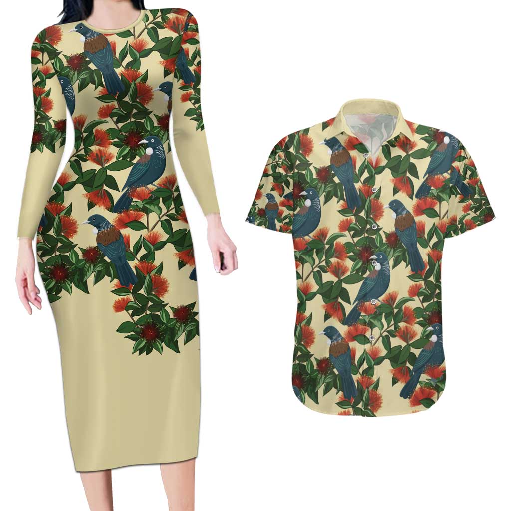 New Zealand Christmas Couples Matching Long Sleeve Bodycon Dress and Hawaiian Shirt Romantic Tui Birds on Pohutukawa - Ivory - Polynesian Pride